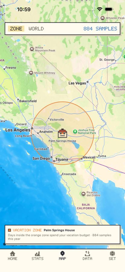 Map screen: vacation zone around Palm Springs with Homie